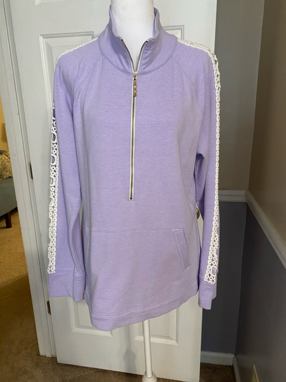 Lilly Pulitzer Lavender Half-Zip Pullover with White Crochet Trim